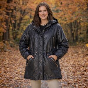 Winlit Vintage Black Quilted Genuine Leather Hooded Parka Coat Womens Sm PK180